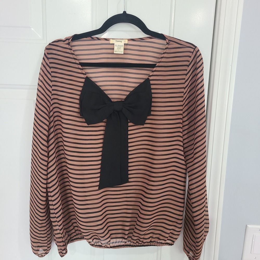 Timing Womens Large Striped Chiffon Bow Blouse‎ Terracotta Black